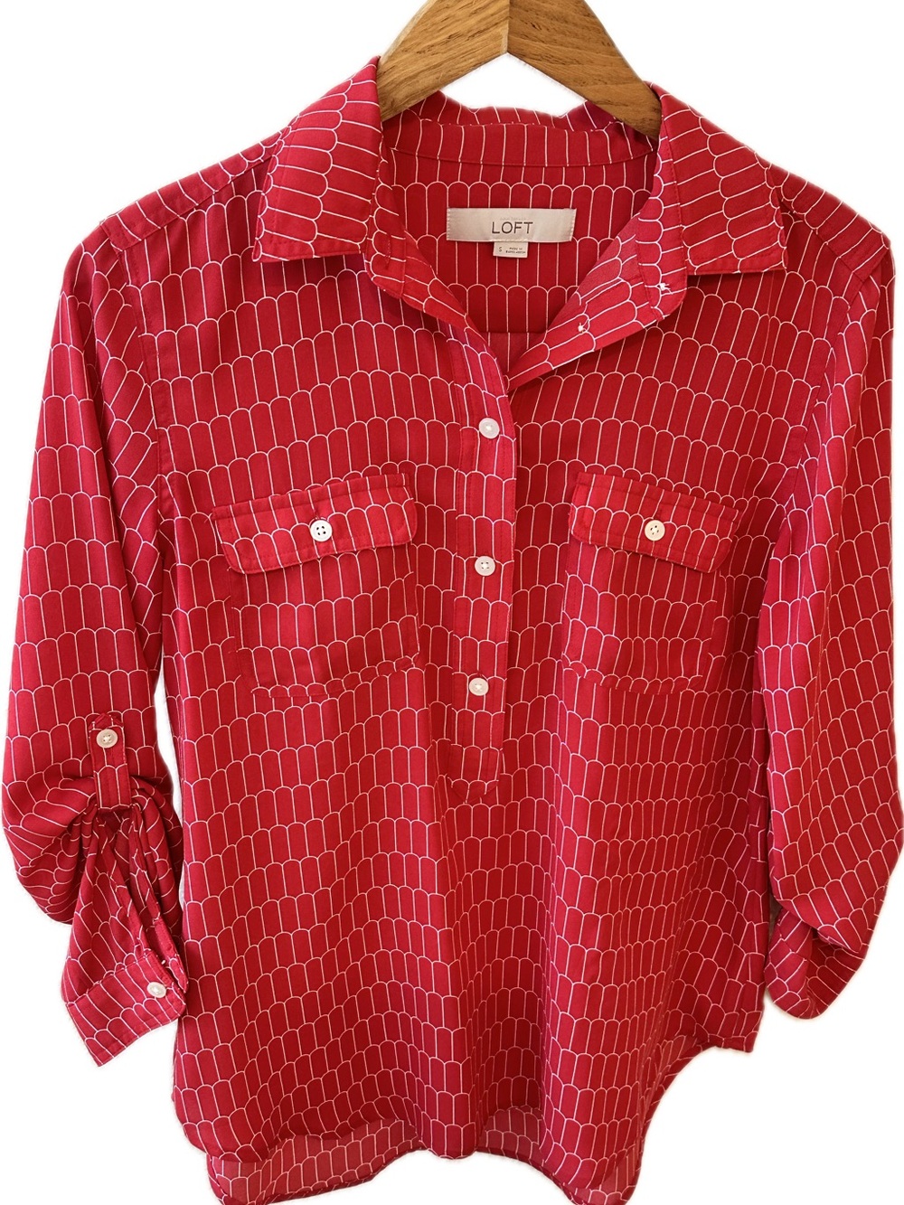 LOFT Red Geometric Button-Up Blouse